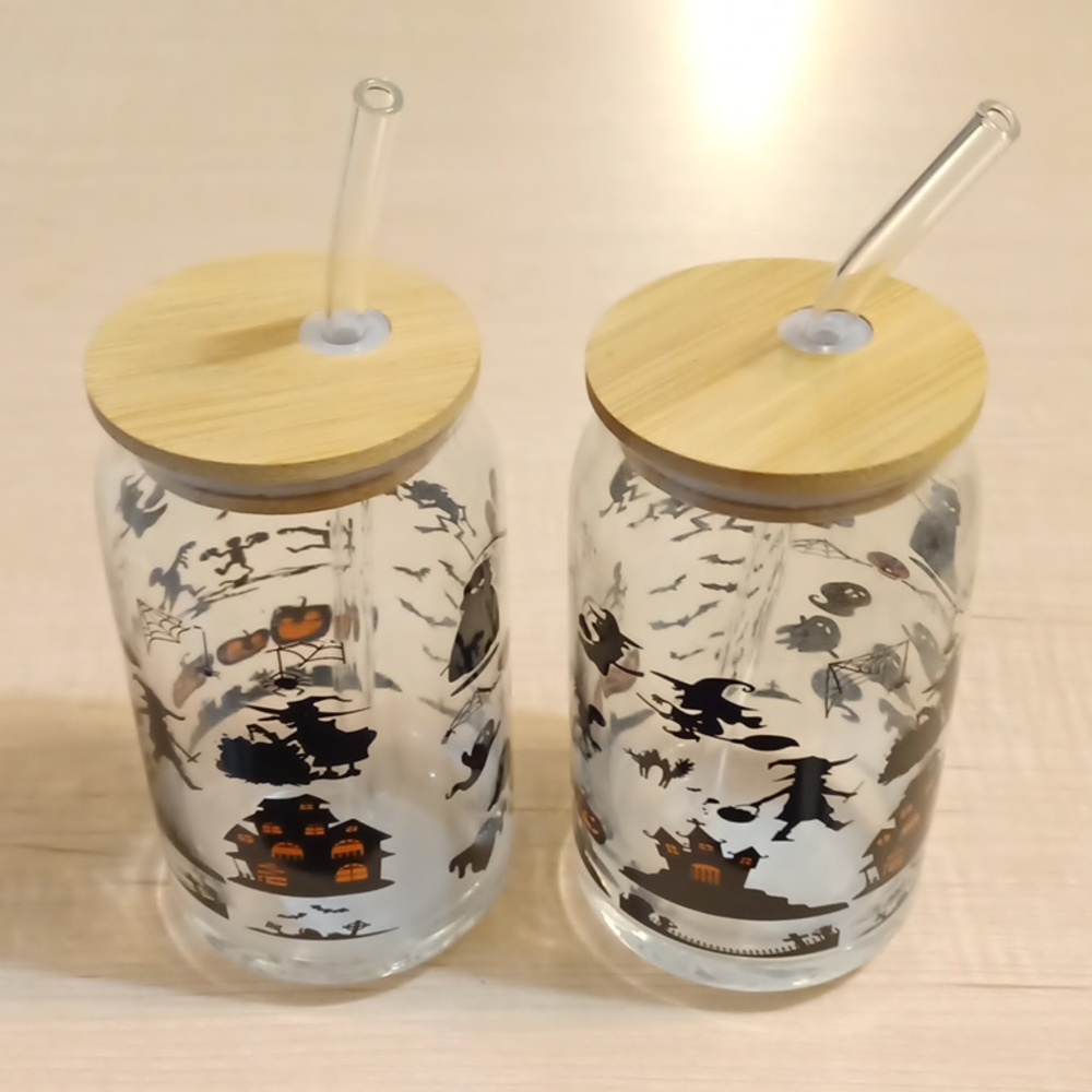 Two Halloween Cup Glass Tumblers Mug Lid Straws